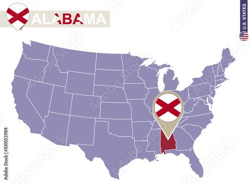 Alabama State on USA Map. Alabama flag and map. photo