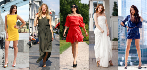 Collage of five beautiful models in colored summer dresses