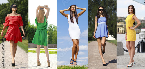 Collage of five beautiful models in colored summer dresses © Andrey_Arkusha