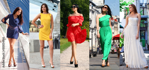 Collage of five beautiful models in colored summer dresses