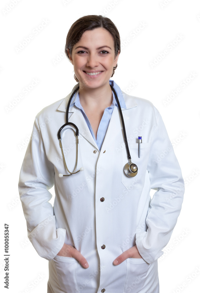 Schöne deutsche Ärztin mit dunklen Haaren bei der Arbeit