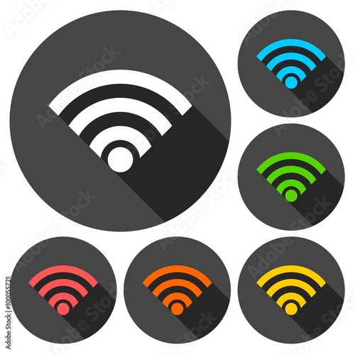 Wireless and wifi icon or sign set with long shadow