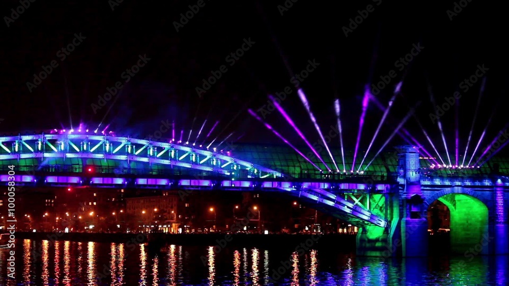 Laser video show on the bridge in Moscow, Russia 