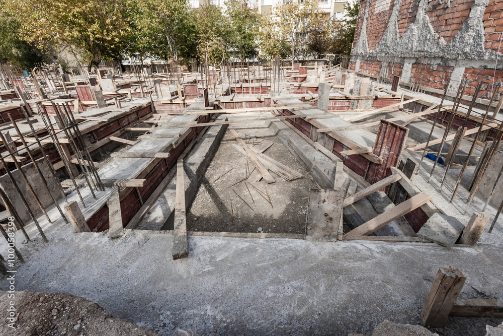 Foundation Site of New Building with Steel Bars and Cement