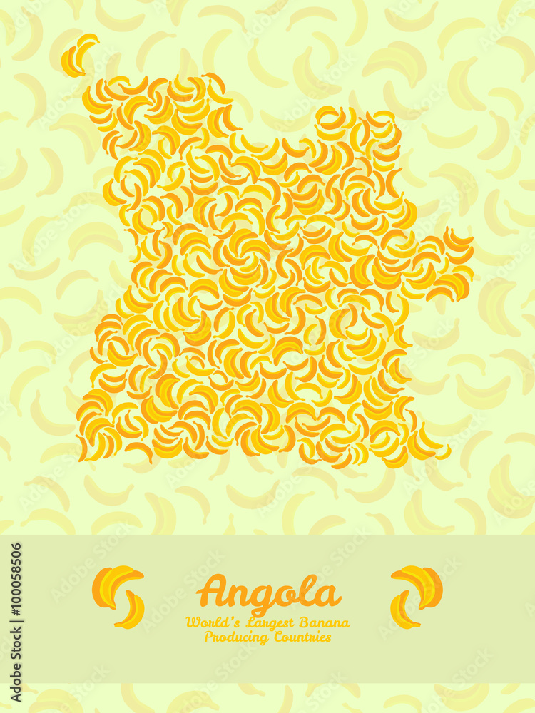 Map of Angola made out of yellow bananas. Fruitarian illustration. Angola map poster or card. Vegetarian postcard. Series: World's Largest Banana Producing Countries. Can be used as seamless pattern. Map of Angola made out of yellow bananas. Fruitarian illustration. Angola map poster or card. Vegetarian postcard. Series: World's Largest Banana Producing Countries. Can be used as seamless pattern.