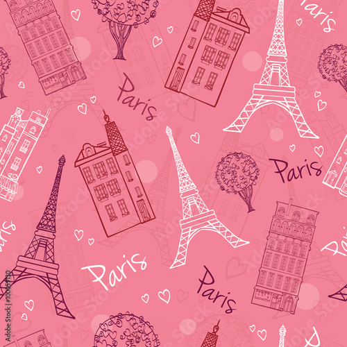 Vector Pink Romantic Paris Streets Seamless Pattern with Eifel Tower, houses, trees and hearts.