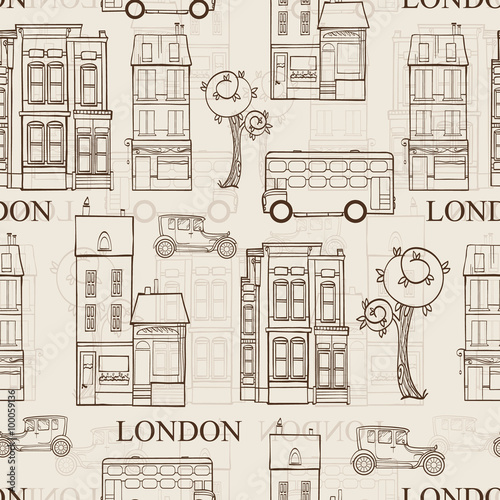 Vector Vintage Brown London Streets Hand Drawn Seamless Pattern with houses, trees, busses, and cars. photo