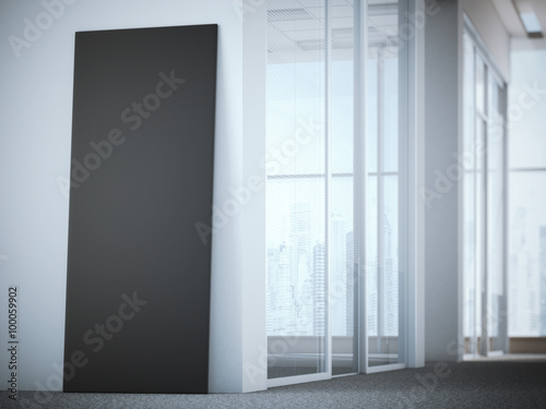 Advertising stand in bright office interior. 3d rendering