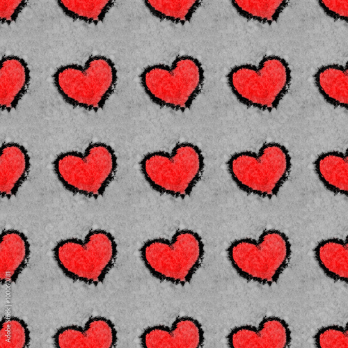Red hearts drawn on snow in line seamless pattern