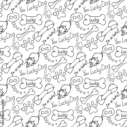 Hand-drawn illustrations. The dream of a dog is a bone. Seamless pattern.