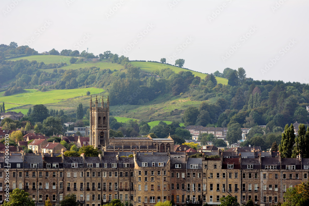 Looking at Grosvenor Place from the hillside. Buildings to the north of the UNESCO world heritage city of Bath, with St. Saviour's church in Larkhall visible
