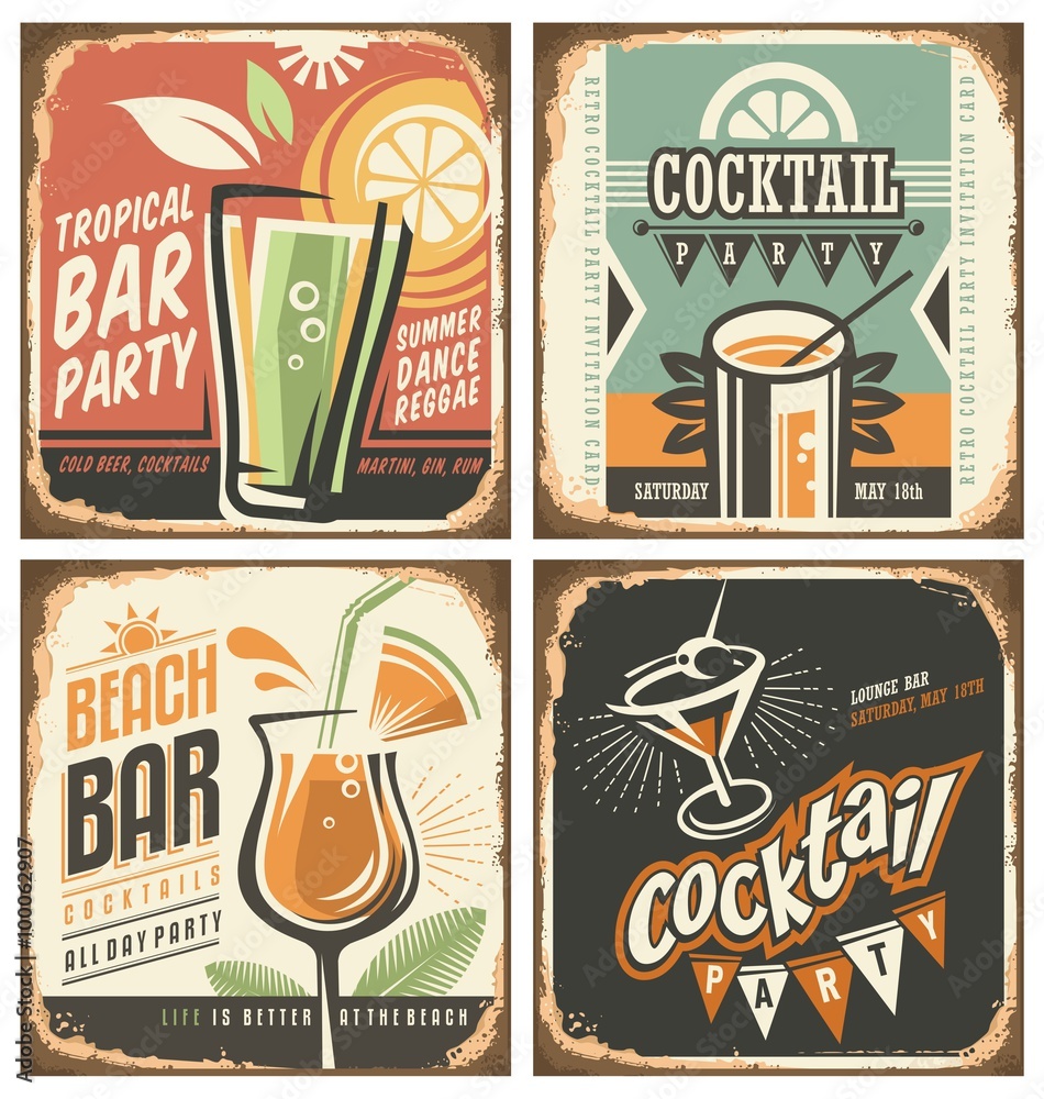 Plakat Cocktail bar retro tin sign set