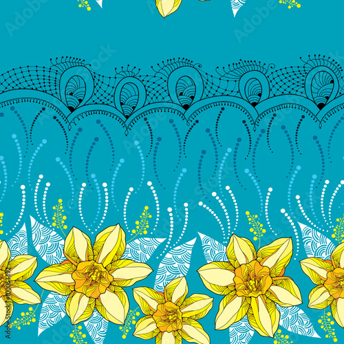 Fototapeta Naklejka Na Ścianę i Meble -  Seamless pattern with narcissus flower or daffodil and black lace on the turquoise background. Floral background in contour style.