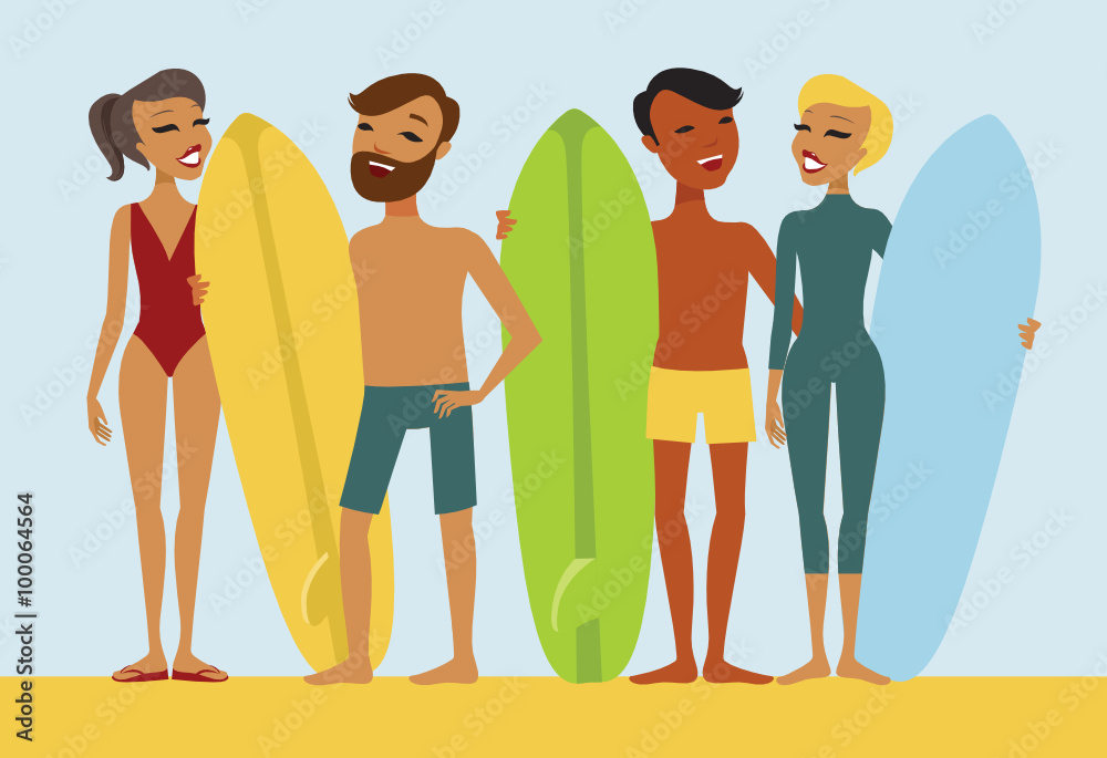 Fototapeta premium Young surfers flat vector characters