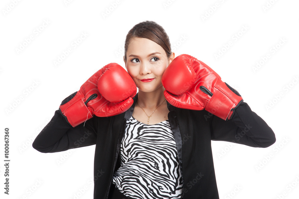 Young Asian business woman with red boxing gloves Young Asian business woman with red boxing gloves