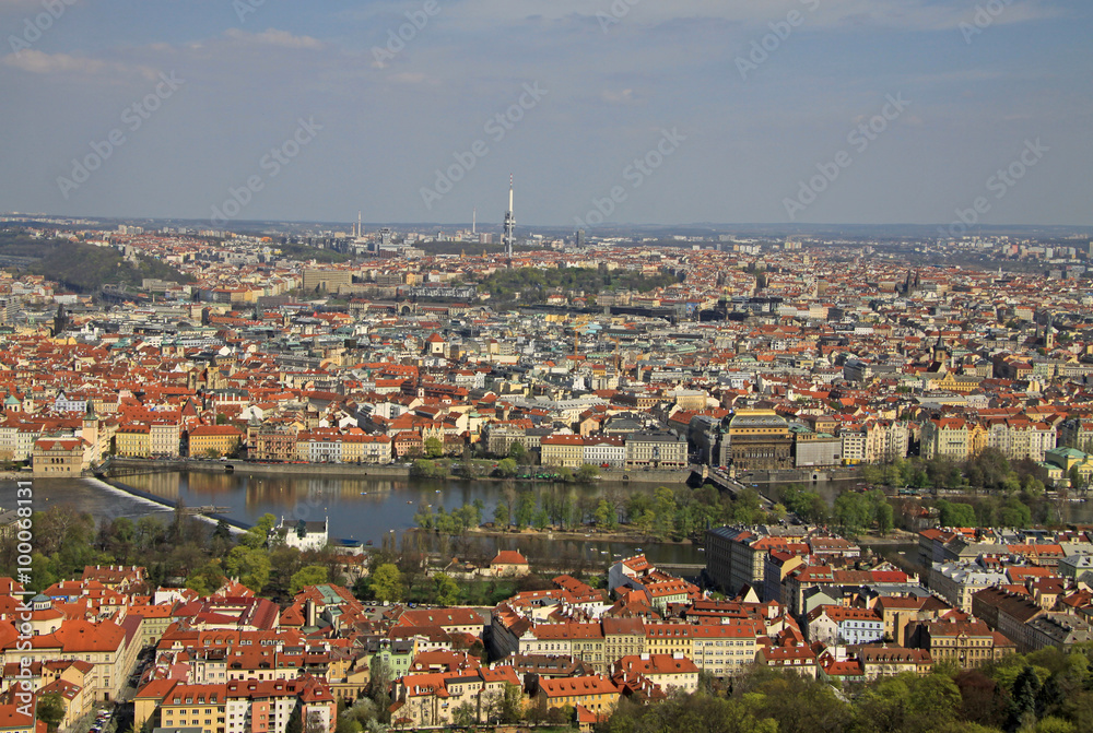 PRAGUE, CZECH REPUBLIC - APRIL 24, 2013: The aerial view of Prague City from Petrin Hill. Prague, Czech Republic