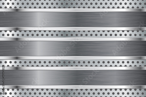 Metal plate on steel background. Perforated texture. 