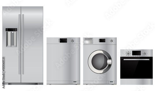 Home appliances. Set of household kitchen technics: electric Oven, Dishwasher, refrigerator, washing machine.