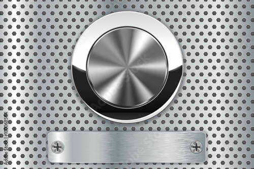 Metal round button on metal background. Perforated steel background and button with chrome frame. Brushed metal plate with screw head. 