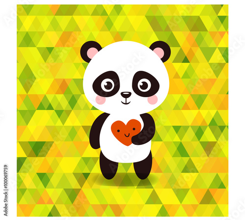 Fototapeta Naklejka Na Ścianę i Meble -  Vector cute little panda on triangles background. Vector illustration of a panda on a background of colored triangles.
