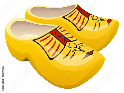 Vector illustration of a pair of traditional yellow Dutch wooden shoes.