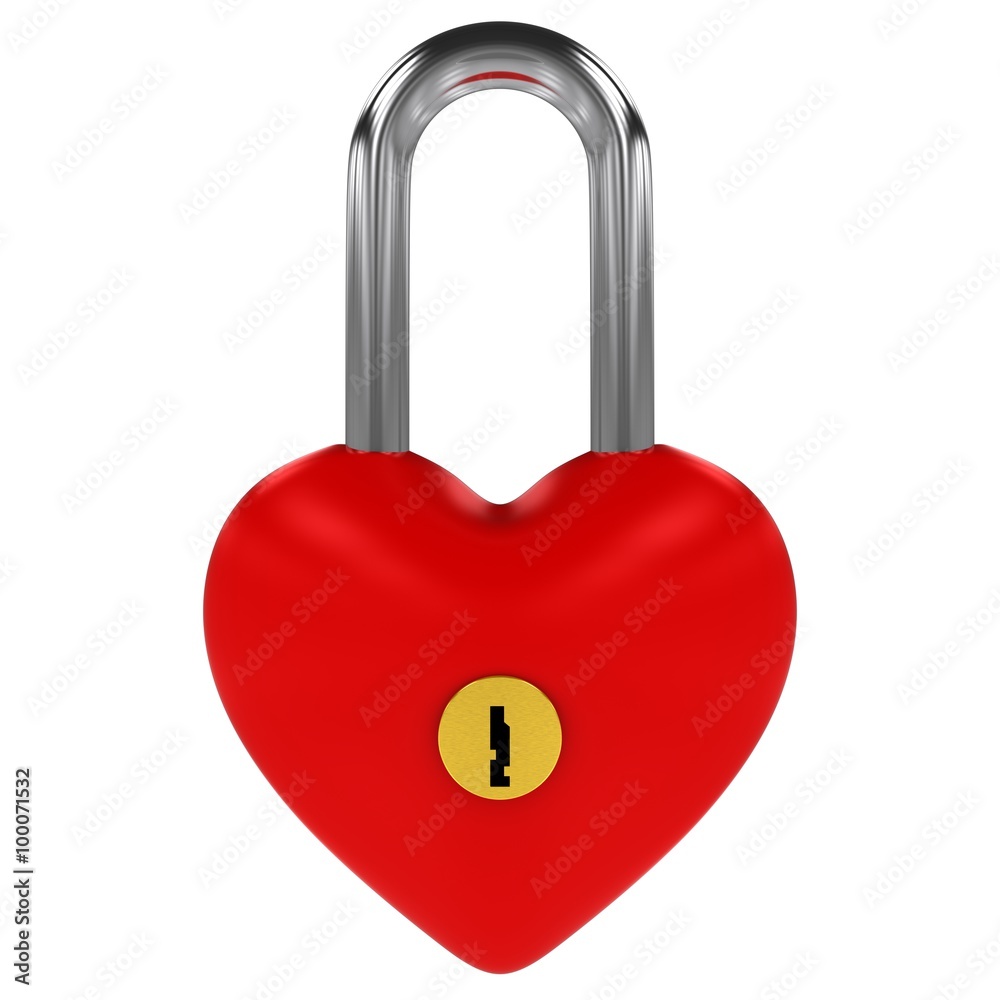 Red Heart Shaped Padlock Isolated on White Background
