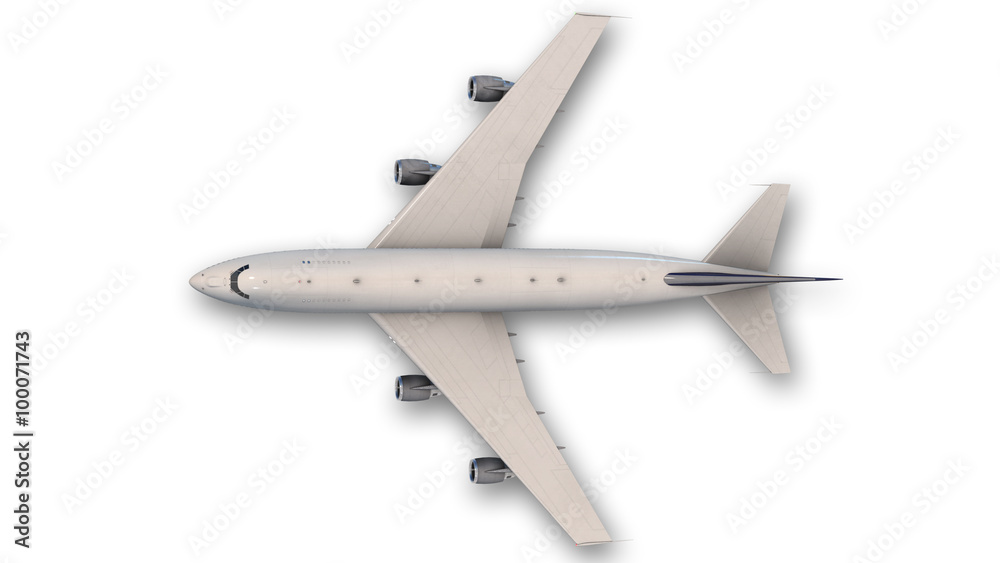 Commercial jumbo jet plane isolated on white background, top view