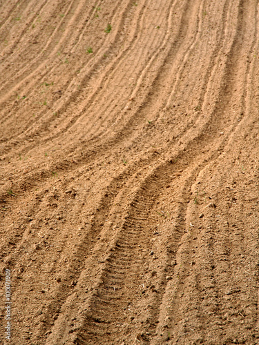 freshly plowed brown arable land photo