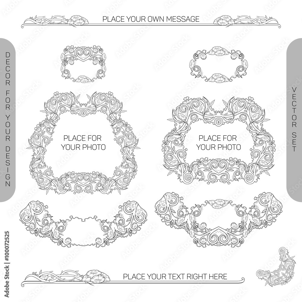 Vector set: decorative design elements to embellish your layout (border, edge, panel, divider, frame, ornament, corner, label, ribbon) Vector set: decorative design elements to embellish your layout (border, edge, panel, divider, frame, ornament, corner, label, ribbon)