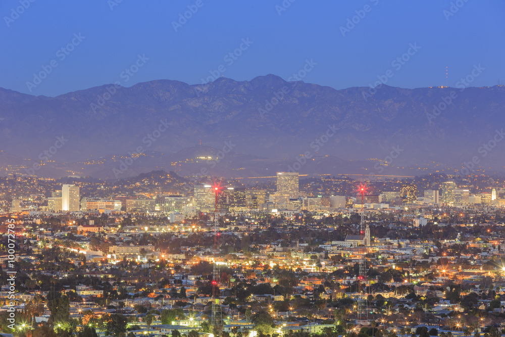 Classical aerial night view of Westwood Los Angeles Downtown
