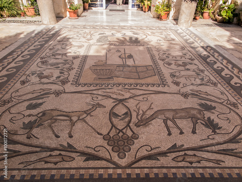 Sychar, Israel, July 11, 2015.: Mosaic on the floor in a modern photo