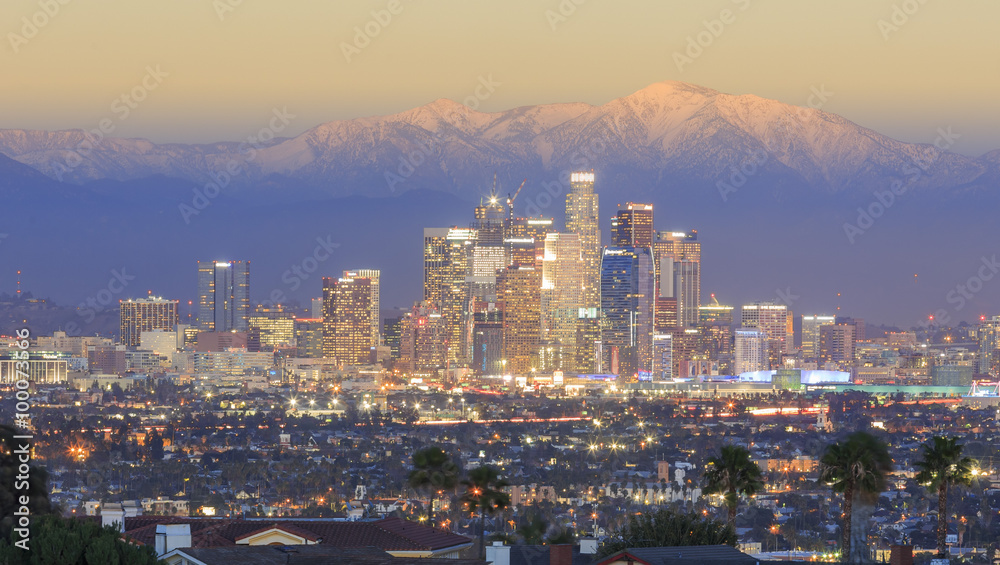 Special day to night view of Los Angeles Downtown