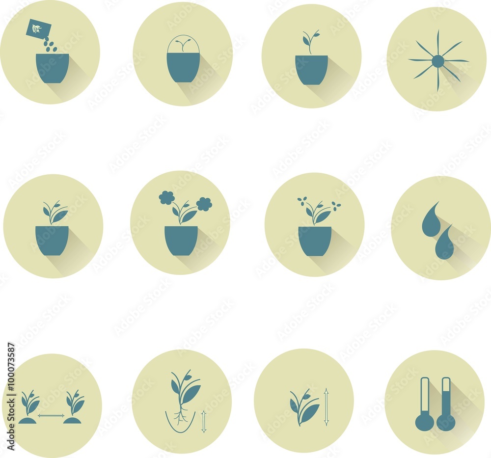 Icons of farming cultivation of seeds and plants. Blue label on a beige background, flat design, shadow, on white background, vector