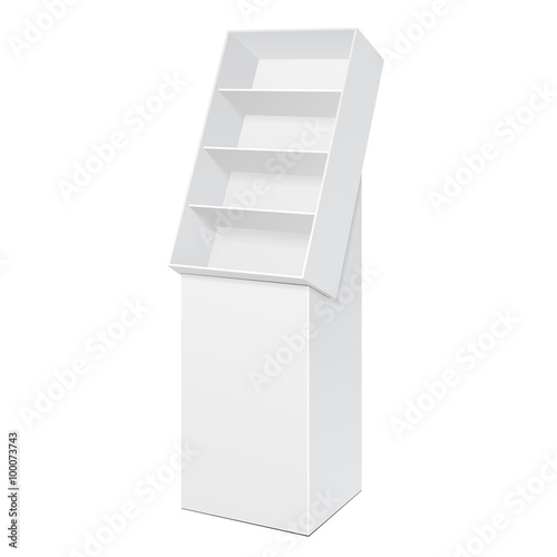 White POS POI Cardboard Floor Display Rack For Supermarket Blank Empty Displays With Shelves Products On White Background Isolated. Ready For Your Design. Product Packing. Vector EPS10 