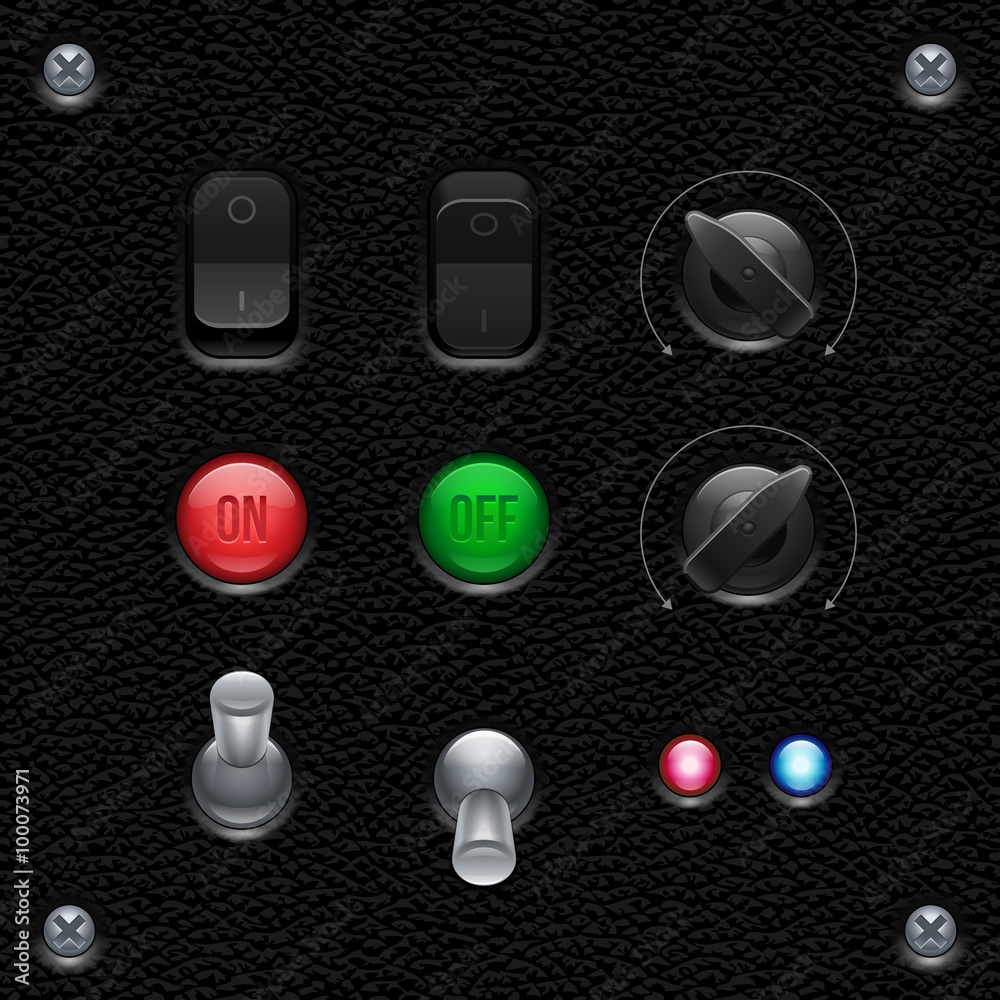 Leather UI Application Software Controls Set. Switcher, Button, Knobs, Lamps. Web Design Elements. Vector User Interface EPS10 Leather UI Application Software Controls Set. Switcher, Button, Knobs, Lamps. Web Design Elements. Vector User Interface EPS10