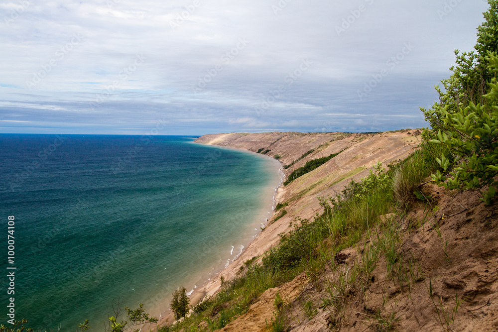 Lake Superior Overlook. View from the top of a massive sand dune in Pictured Rocks National Lakeshore at the Log Slide Overlook. Munising, Michigan.