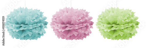 Green, blue and pink paper pom poms for a party