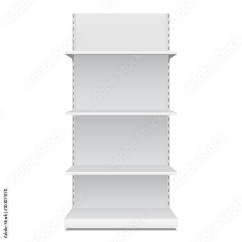 White Blank Empty Showcase Displays With Retail Shelves Front View 3D Products On White Background Isolated. Ready For Your Design. Product Packing. Vector EPS10