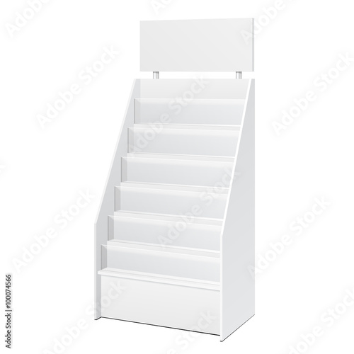 Tiered Literature Stand White POS POI Cardboard Floor Display Rack For Supermarket Blank Displays With Shelves. On White Background Isolated. Ready For Your Design. Product Packing. Vector EPS10