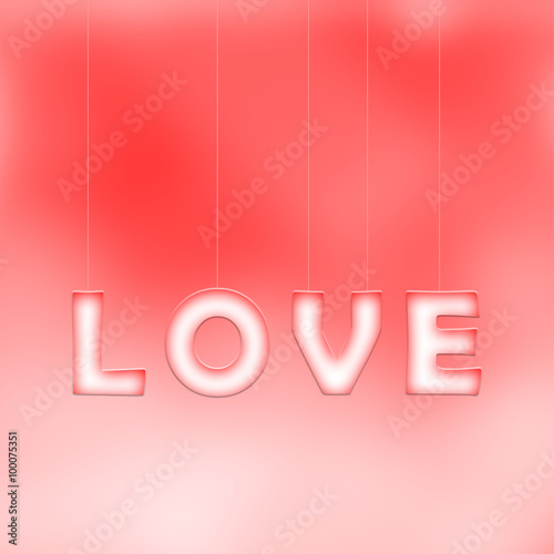 Lovely white red love word letters hang on thin ropes on bright blurred red bokeh background. Conceptual valentine day copy space illustration.