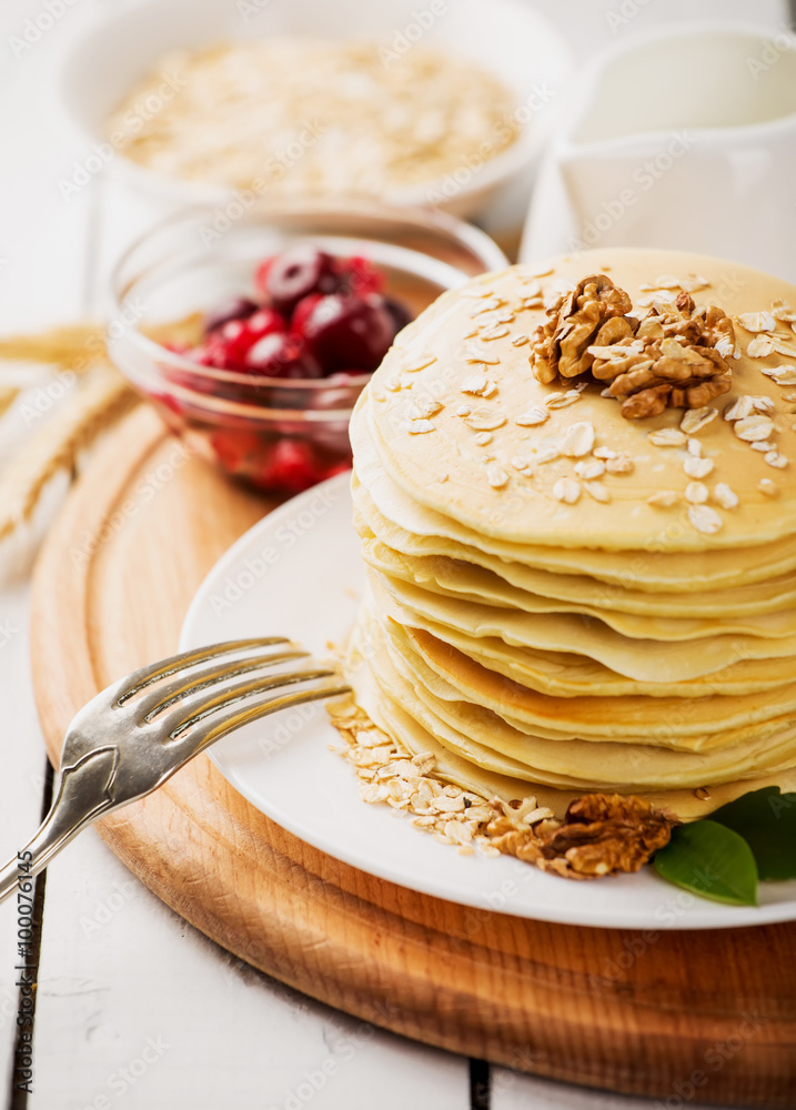delicious pancakes on wooden table with fruits delicious pancakes on wooden table with fruits