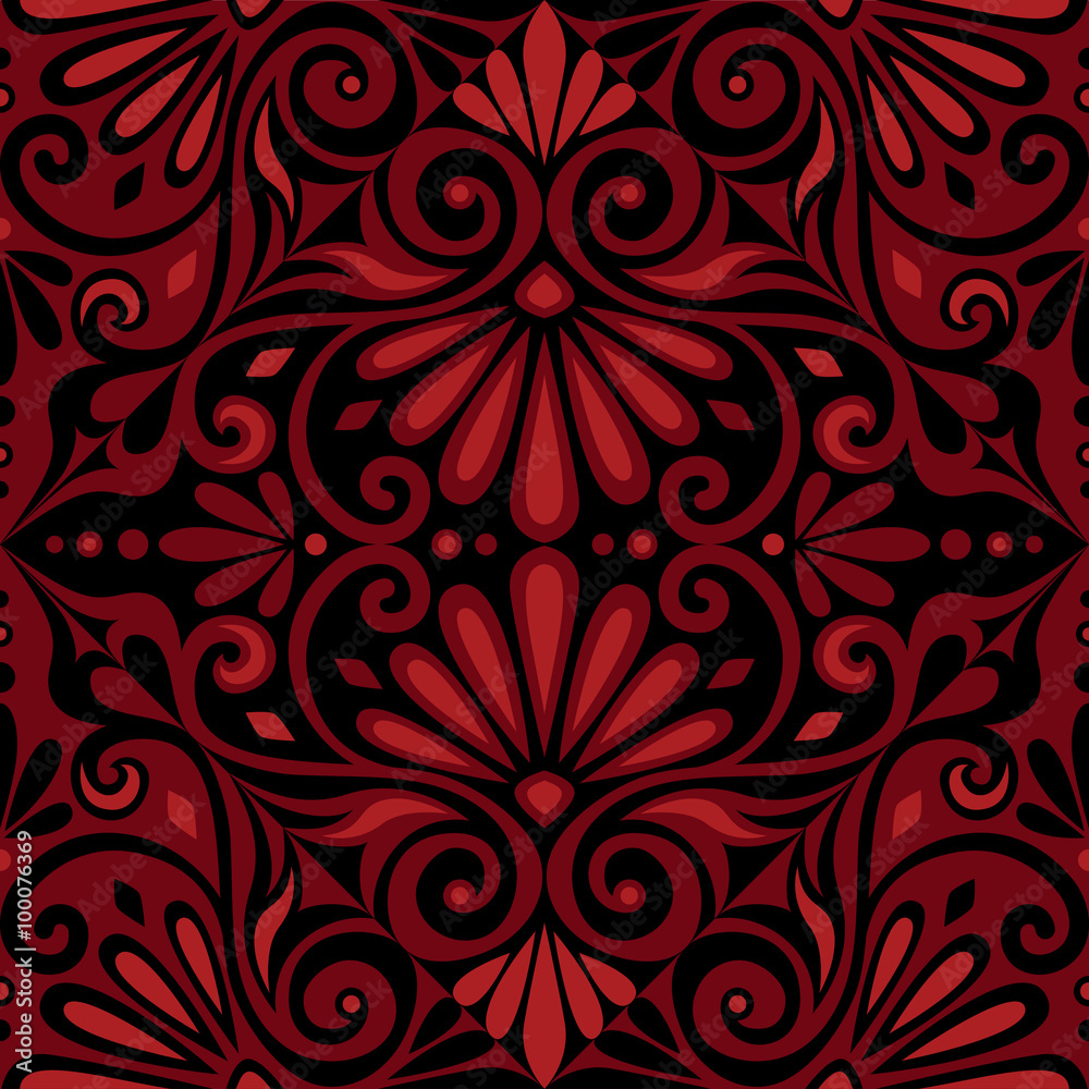 Traditional  seamless vintage red and black square floral Greek ornament, Meander