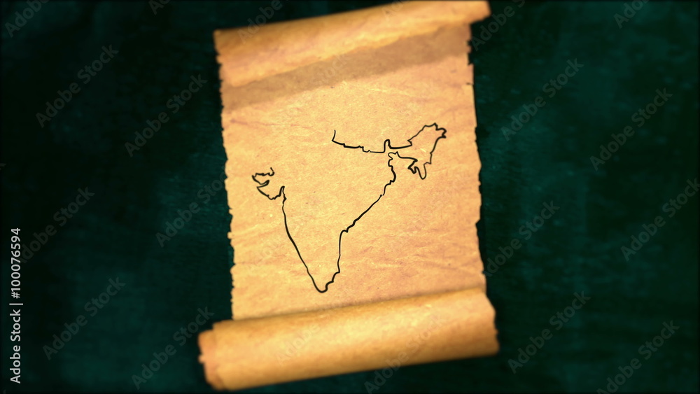 India Map Painting Unfolding Old Paper Scroll 3D 4K