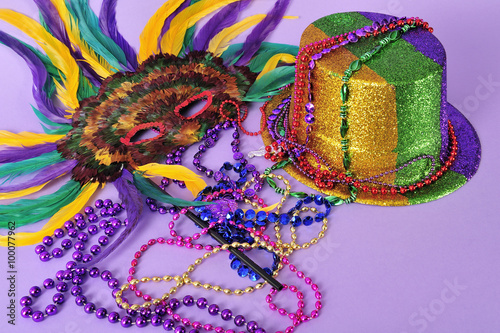 Party favors hat mask and beads Happy New Year 2020 New Year's Eve, New Years resolutions and Mardi Gras seasonal concept background cover with copy space