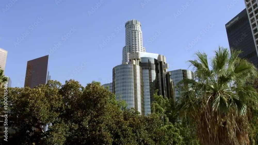 Slow motion pan looking up at sky scrapers in Los Angeles. Slow motion pan looking up at sky scrapers in Los Angeles.