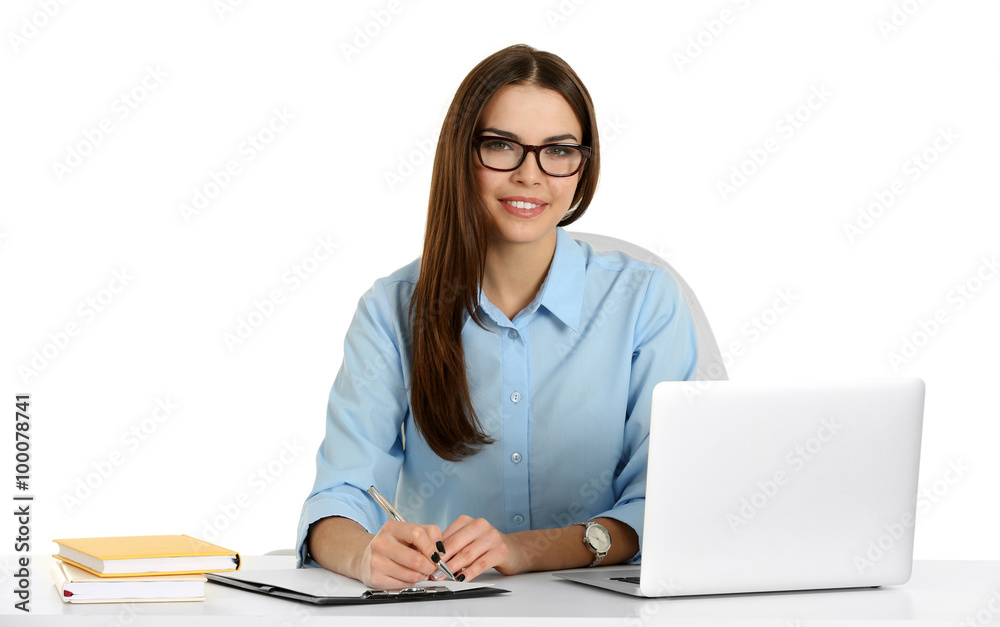 A beautiful woman working at the office, isolated on white A beautiful woman working at the office, isolated on white