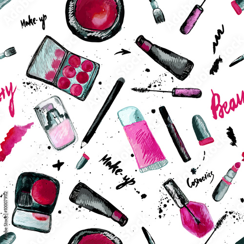 Vector glamorous make up seamless pattern with nail polish and lipstick.Creative design for card, web background, book cover. EPS10