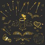 Cute golden vector hand-drown hipster set of love elements - wings, arrows, frames for your design 