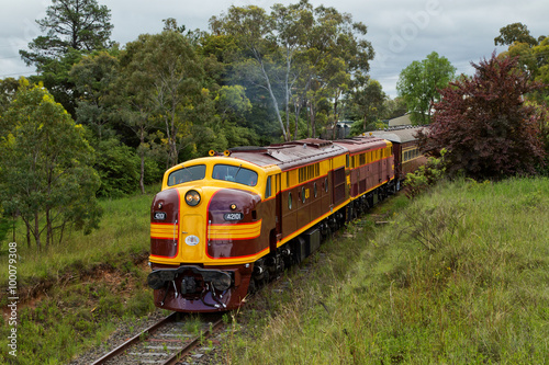 Two heritage diesel locomotives depart from Kandos, Australia.