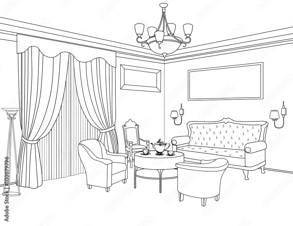 Livign Room Interior Sketch. Workplace in Sunny Room. 1960s Style Furniture  Stock Illustration - Illustration of flat, drawing: 73300957